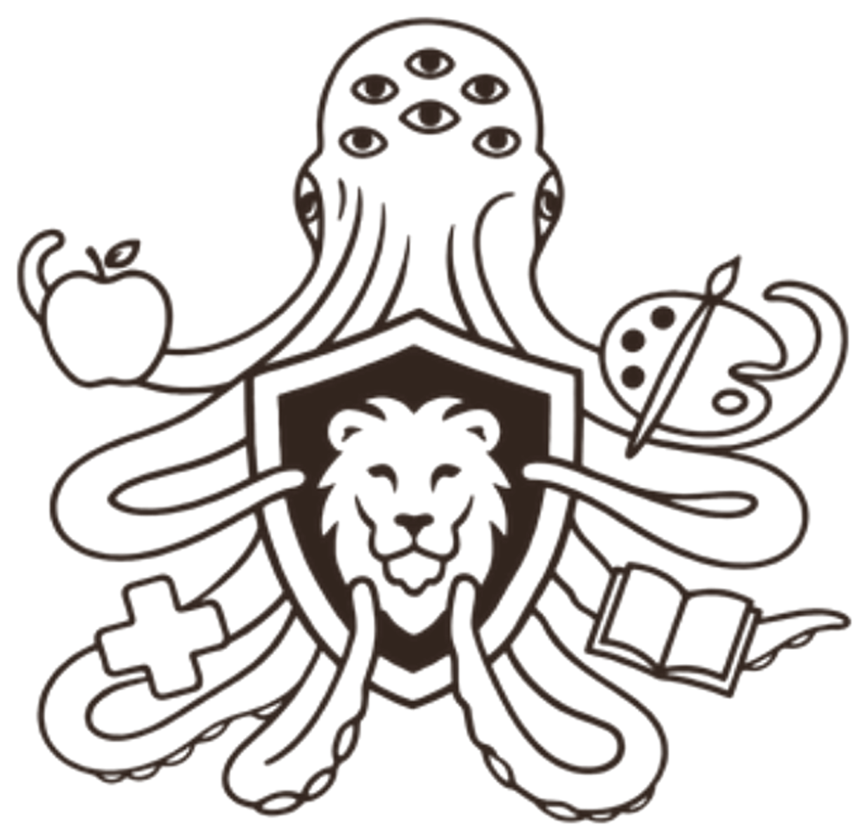 Emblem: an octopus holding a lion shield, an apple, a palette, a cross and a book